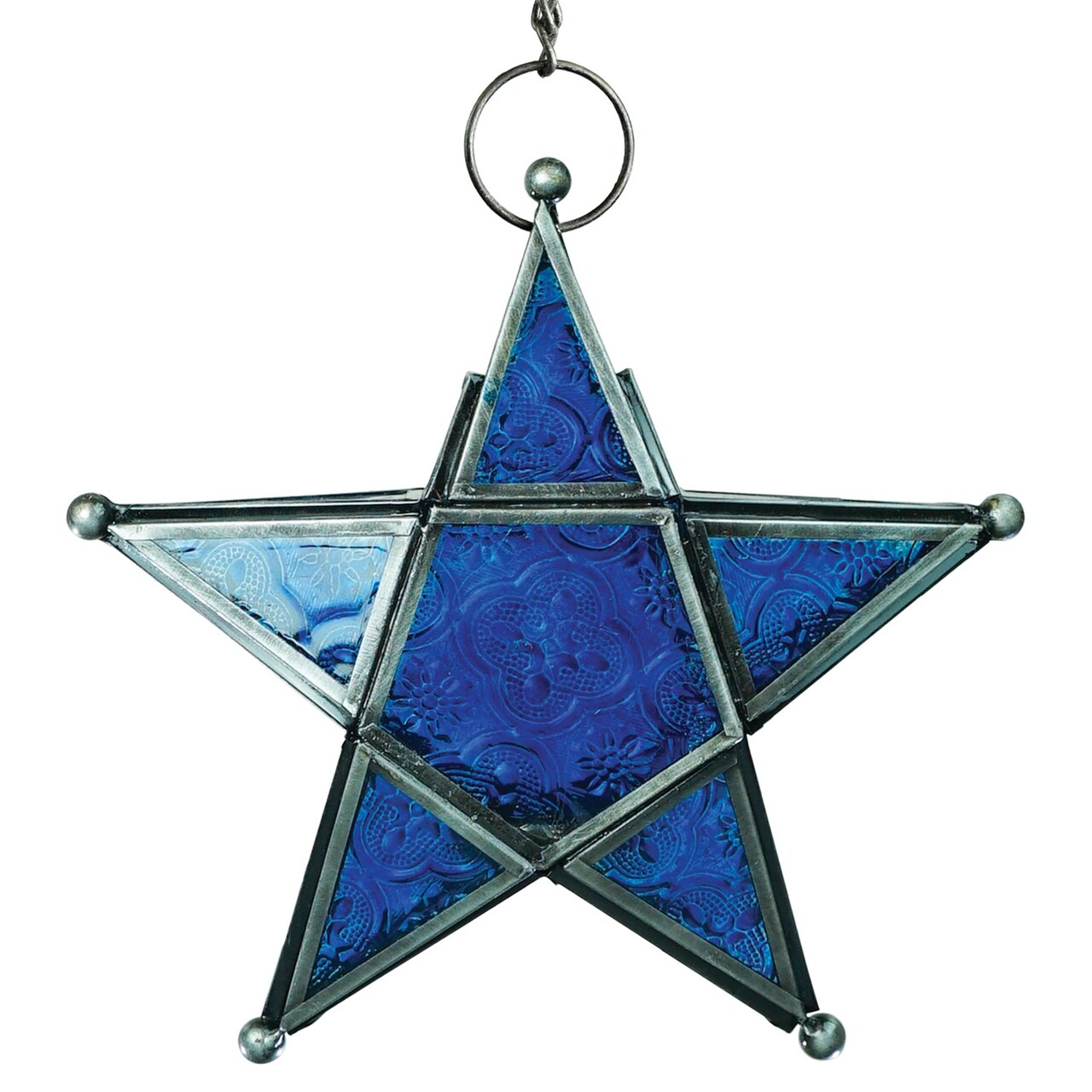 In the Breeze 9217 — Blue 5-Point Star Tealight Lantern — Moroccan-Style Boho Chic Glass and Metal Tealight Hanging Lantern